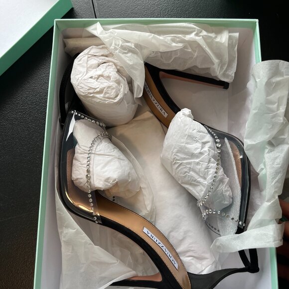 NWT Aquazzura Ray Of Light Sandals Plexi Crystal Peep Toe 105 Black Suede/PVC - Picture 13 of 13